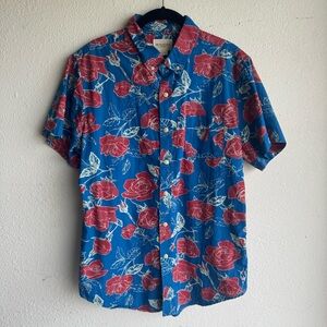 Obey Blue Red Floral Short-Sleeve Cotton Button-Up Shirt size L